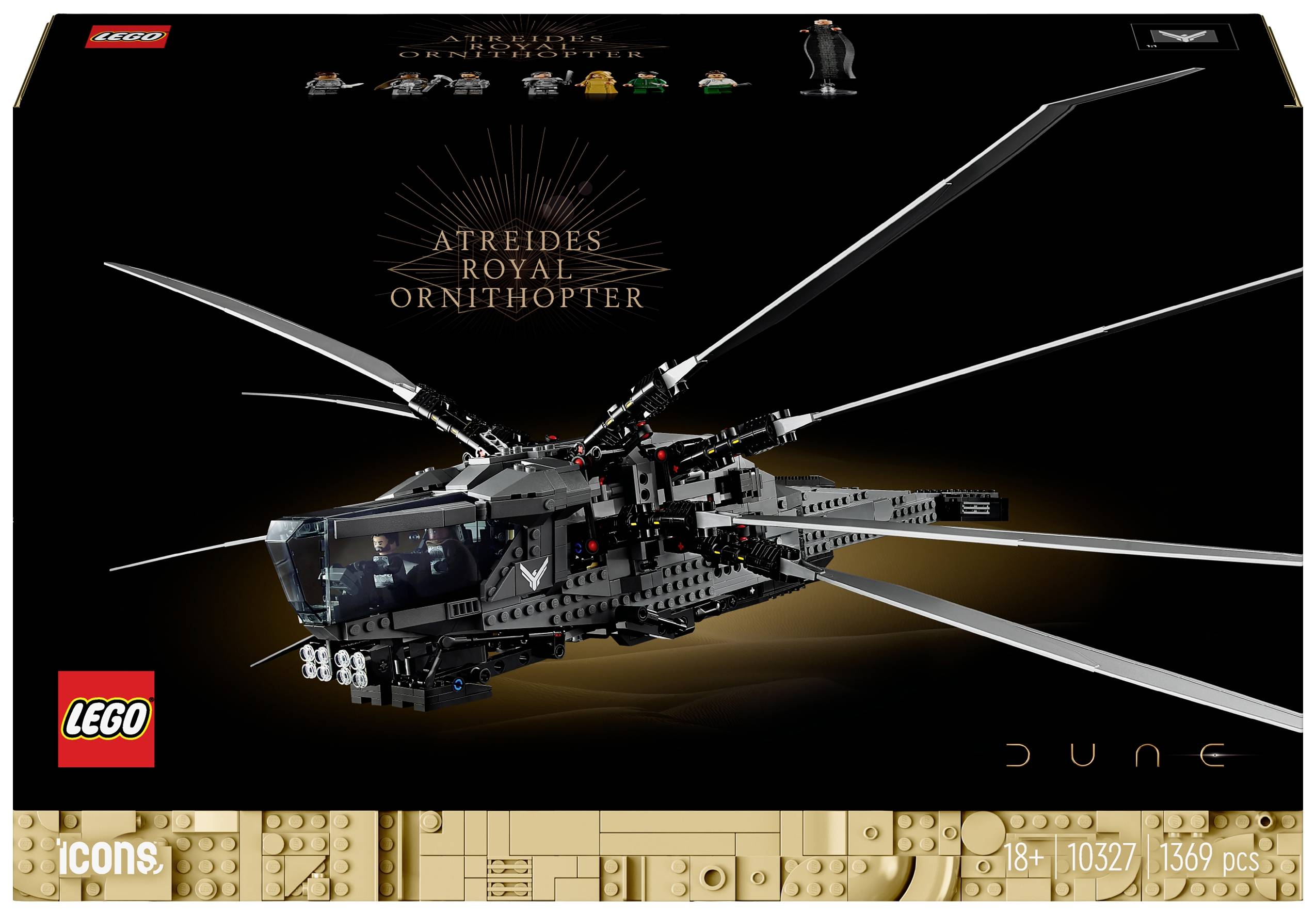 LEGO-sættet 'Atreides Royal Ornithopter' fra 'Dune'. Detaljeret model med helikopter-lignende design og æskeoplysninger.