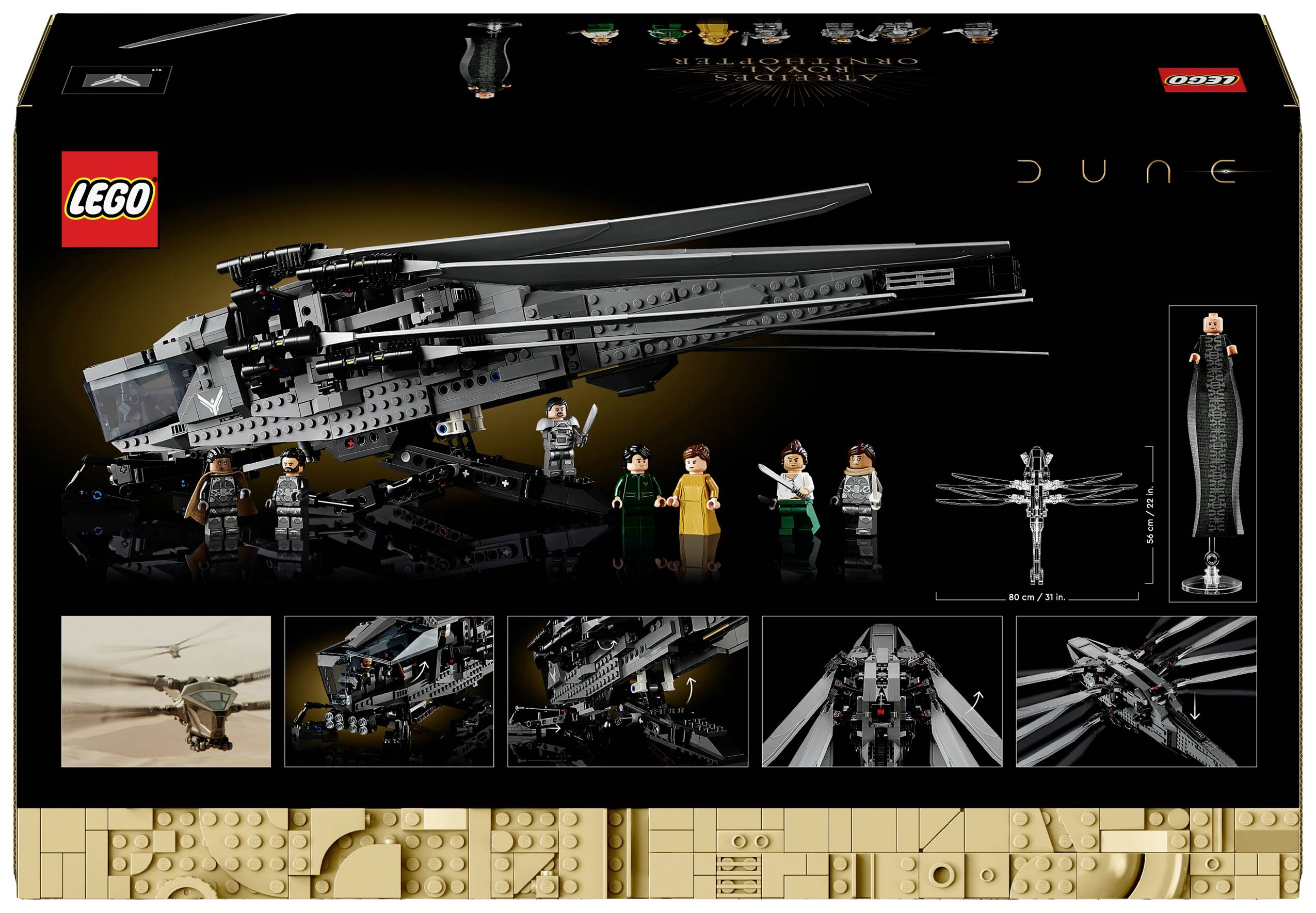 LEGO-sæt 'Dune' på sort baggrund, viser et detaljeret rumfartøj med flere minifigurer. Formidler en fremtidsorienteret atmosfære.