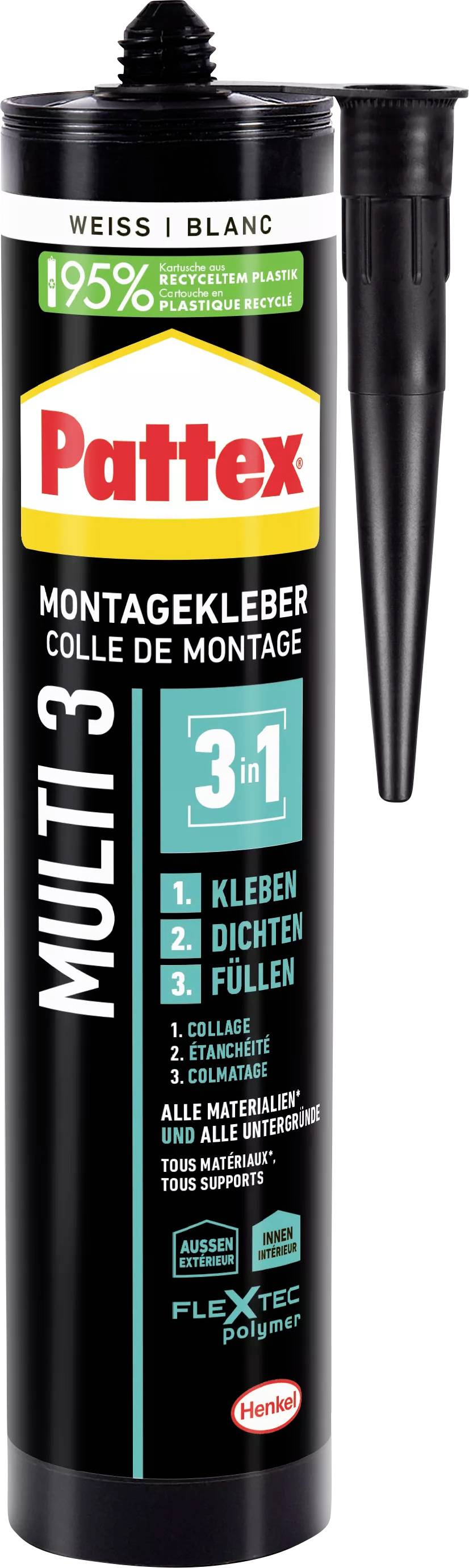 'Pattex Monteringslim Multi3' tube med sort design. Markeret '3-i-1': Lim, Tætning, Udfyldning. Egnet til alle materialer.