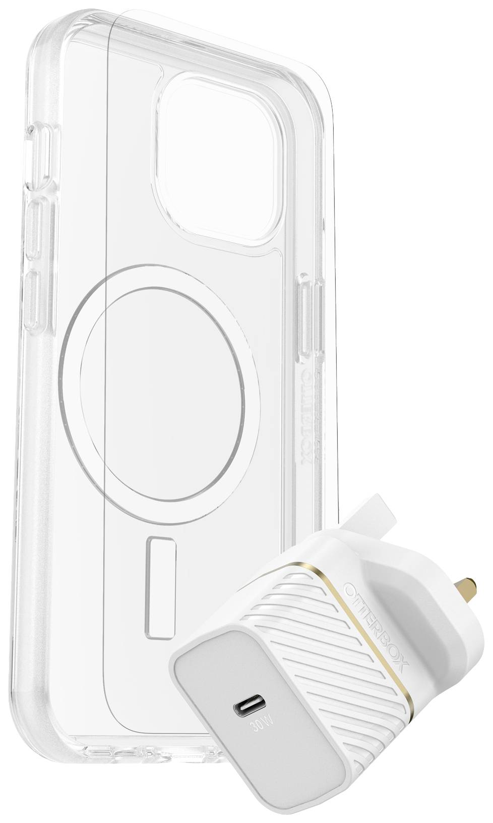 Transparent mobiltaske med integreret MagSafe-cirkel i midten. I forgrunden ses en hvid USB-C-oplader med britisk stik.