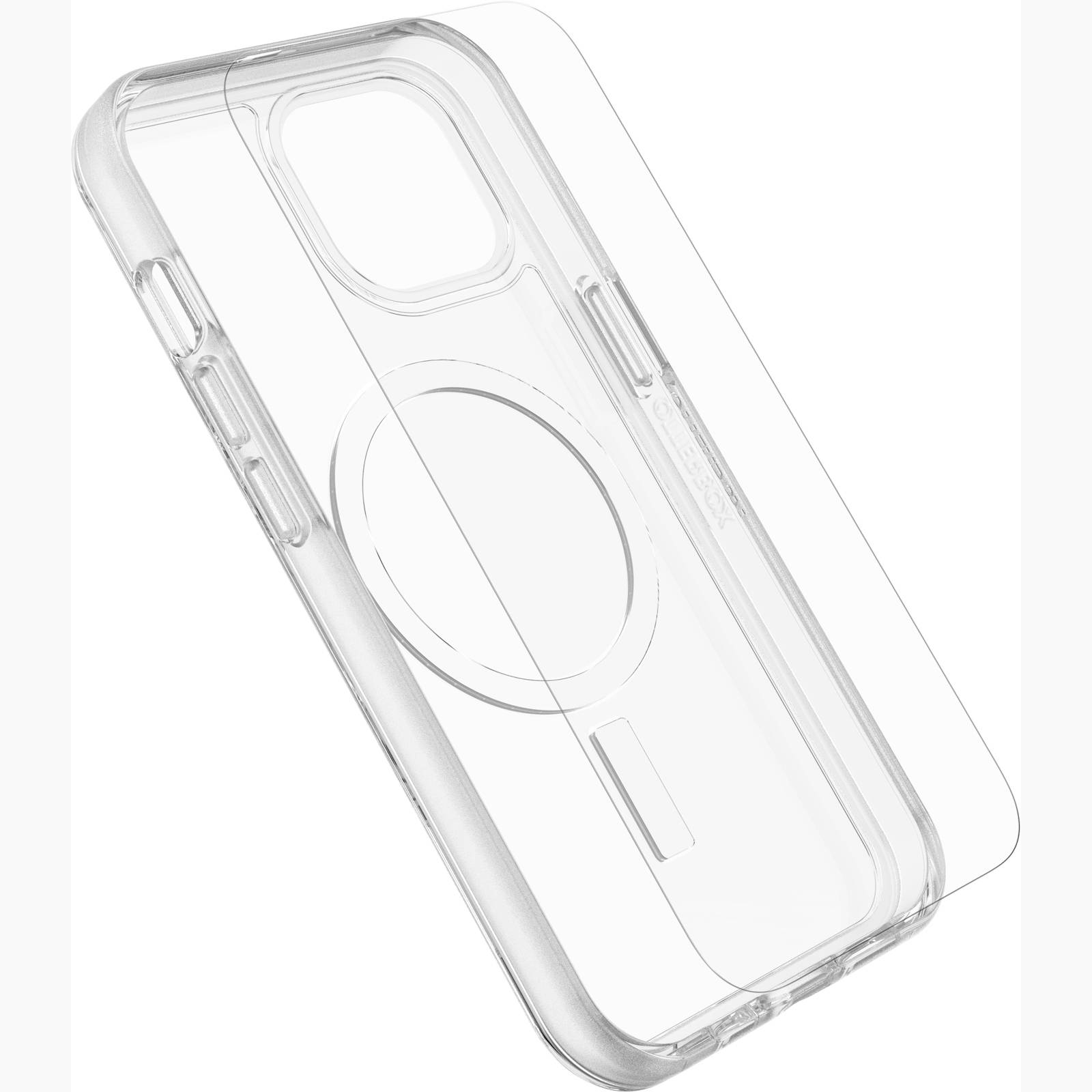 Gennemsigtig mobilcover med slankt design, viser cirkulær MagSafe-kompatibilitet, egnet til de nyeste smartphone-modeller.