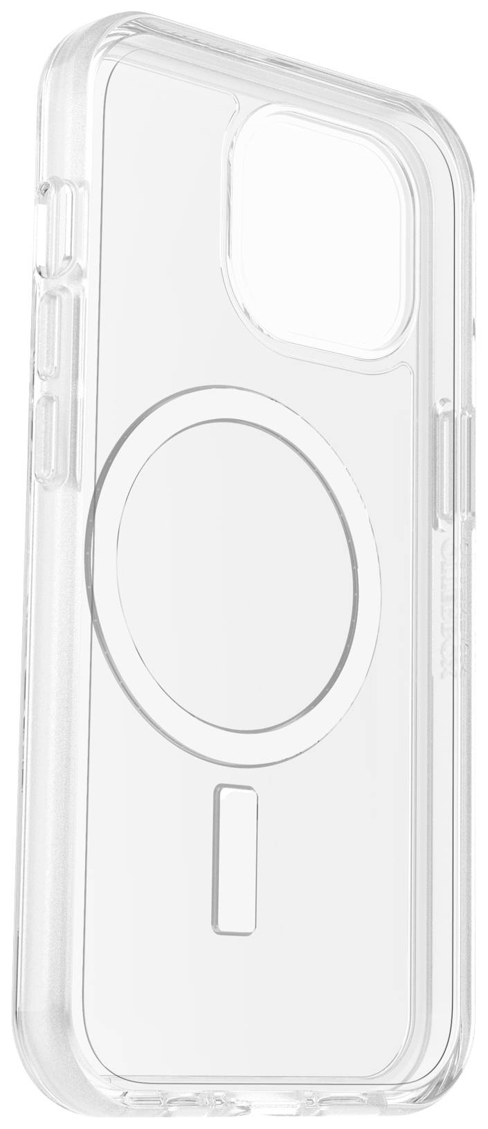 Gennemsigtig telefoncover med integreret cirkulær magnetring, egnet til trådløs opladning.