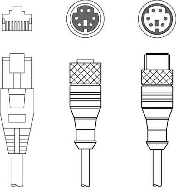Illustration af tre stiktyper med forskellige former og tilslutninger. Øverst vises skematiske fremstillinger af tilslutningshullerne.