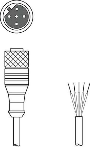 Diagram over en multipolær stikforbinder med blottede ledninger, som viser opbygning og tilslutningspunkter.