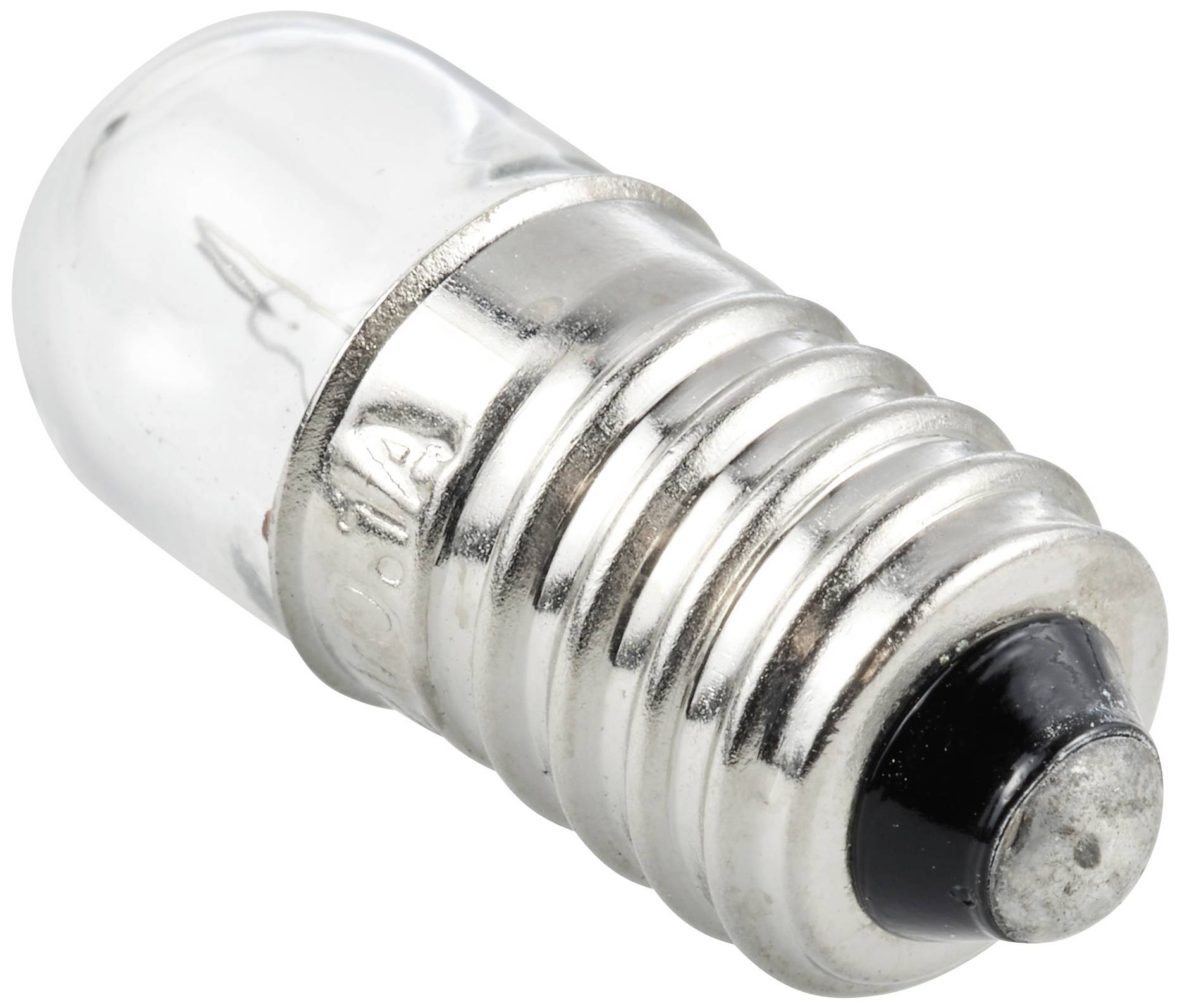 Metalhalogen-pære med skruefatting, E10-størrelse, transparent glaskappe. Velegnet til lommelygter eller modelbyggeri.