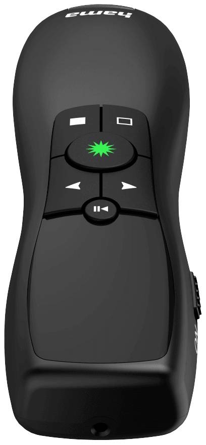 Sort præsentationsapparat med grøn laserpegeknap i midten. Indeholder knapper til at gå fremad, tilbage og starte dias.