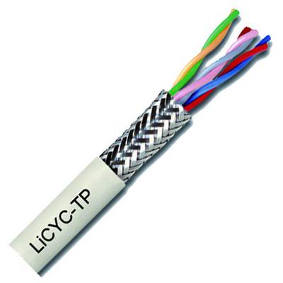 Et flerledet kabel mærket 'LiCY-TP', bestående af flere farvede, snoede par og en sølvfarvet kappe.