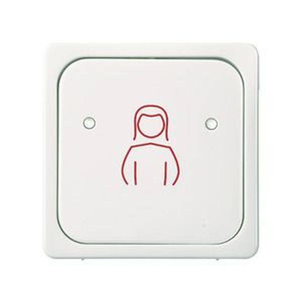 Hvid vægdækplade med et rødt symbol af en person i midten, symboliserer en servicetast eller nødopkald.