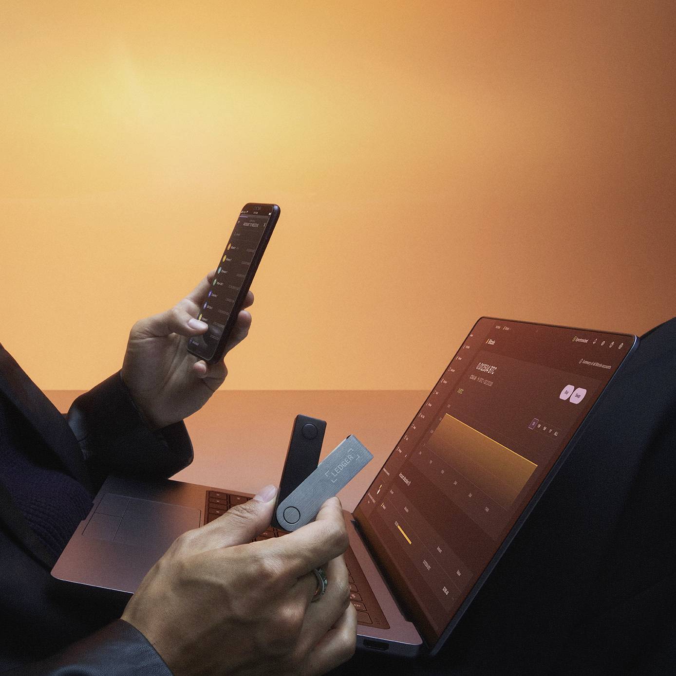 En person holder en smartphone og en digital tegnebog foran en bærbar computer. Et diagram er synligt på computerskærmen.