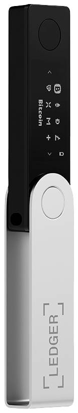 En sort-hvid hardware-wallet med en skærm på den sorte side. Den viser symboler for Bluetooth, batteri og mere.