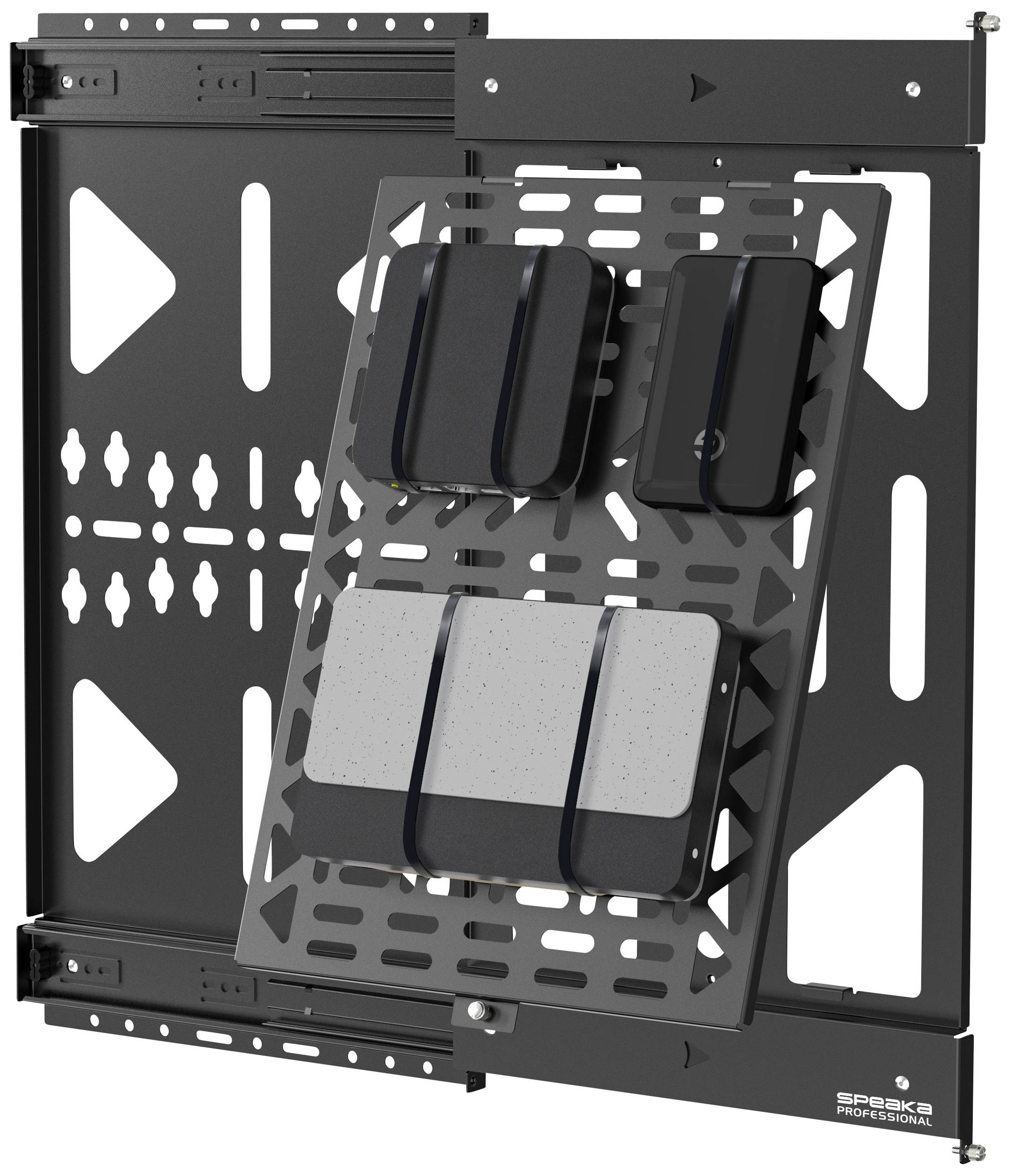 19-tommers rack-monteringsbeslag med svingbar holder, monteret med sorte og grå enheder, egnet til backup-hardware