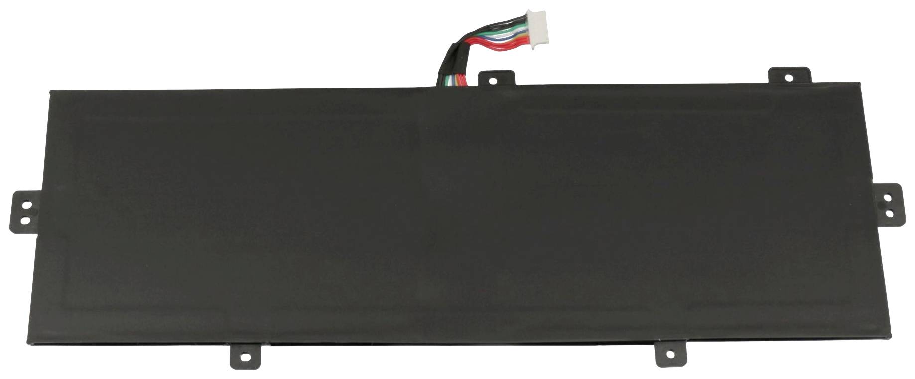Et rektangulært laptop-batteri med fire beslag til fastgørelse og et flerfarvet kabelstik øverst.