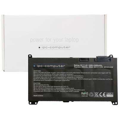 En sort laptop-batteripakke med påskriften 'ipc-computer'. På emballagen i baggrunden står der 'power for your laptop'.