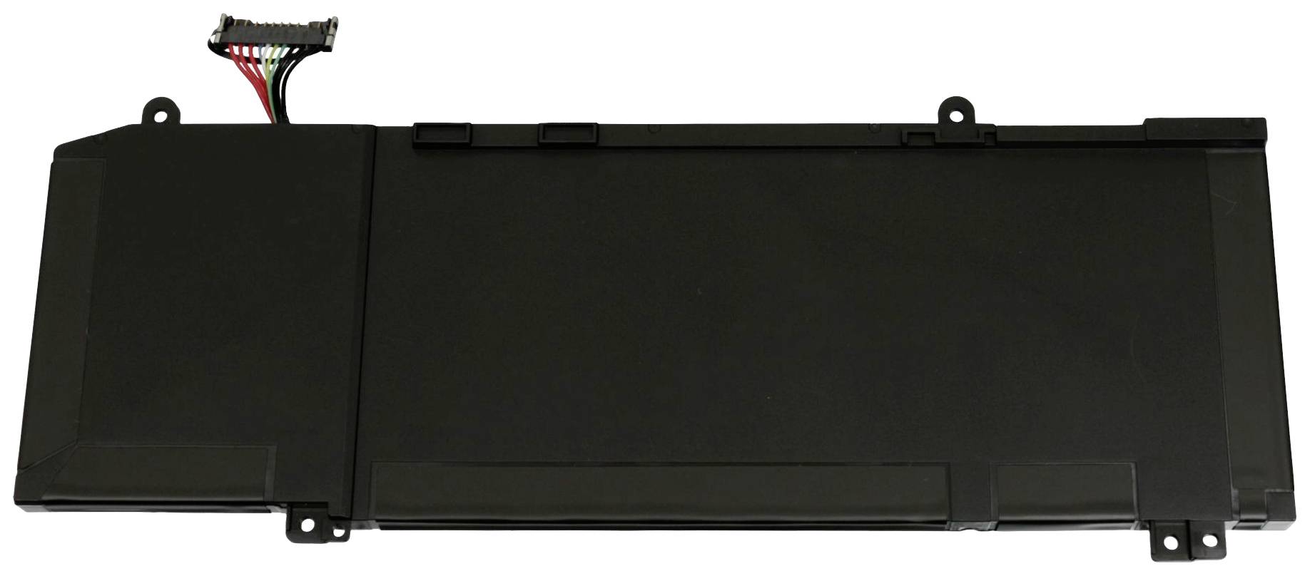Et rektangulært laptop-batteri med tilslutningskabler i øverste venstre hjørne, på hvid baggrund.