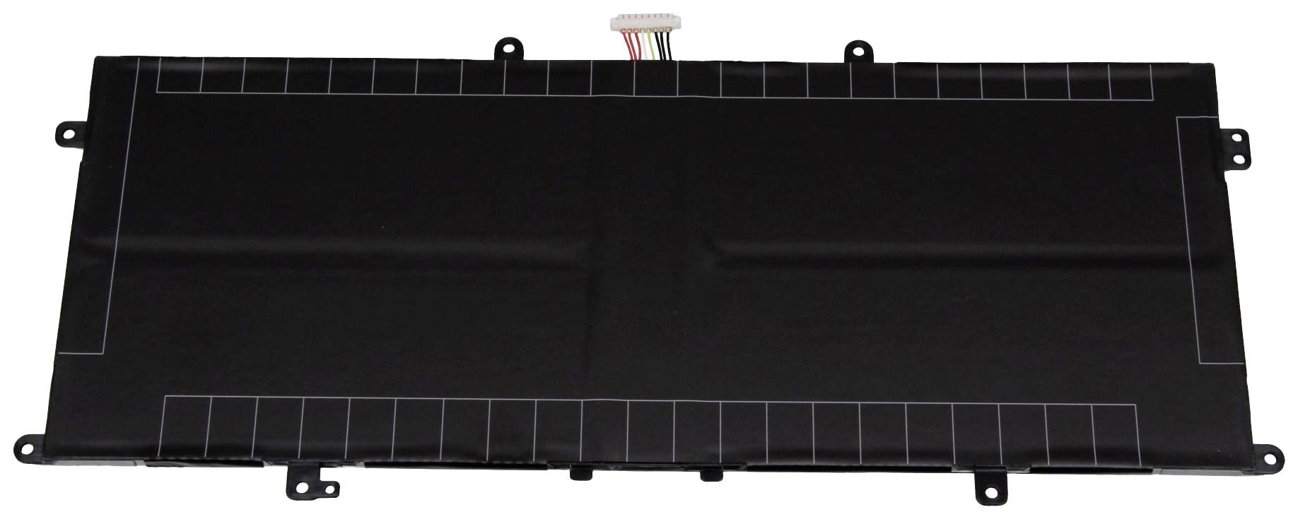 Sort rektangulær bærbar computer-batteri med flere tilslutningspunkter, øverst et kabel med farvede ledninger.