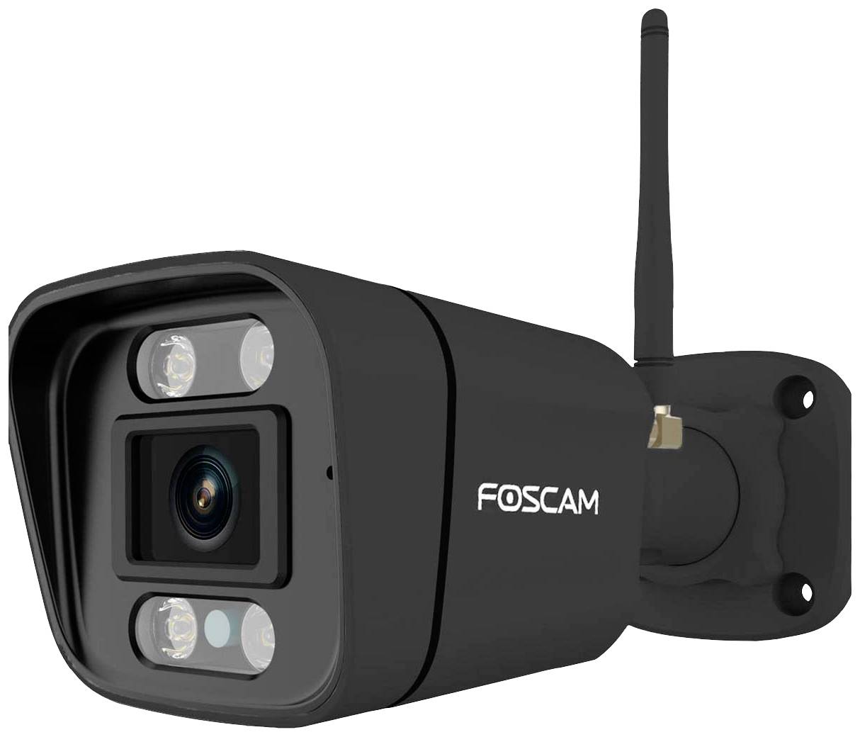 Sort overvågningskamera med antenne monteret på vægbeslag, med navnet 'Foscam' på kamerahuset.