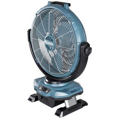 Blå gulvventilator med et rundt gitter, der beskytter rotorbladene. Robust base med betjeningsknapper placeret ved fundamentet.