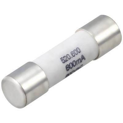 En hvid cylindrisk glassiksikring med metalhat i begge ender. På overfladen står der '520.600 600mA'.