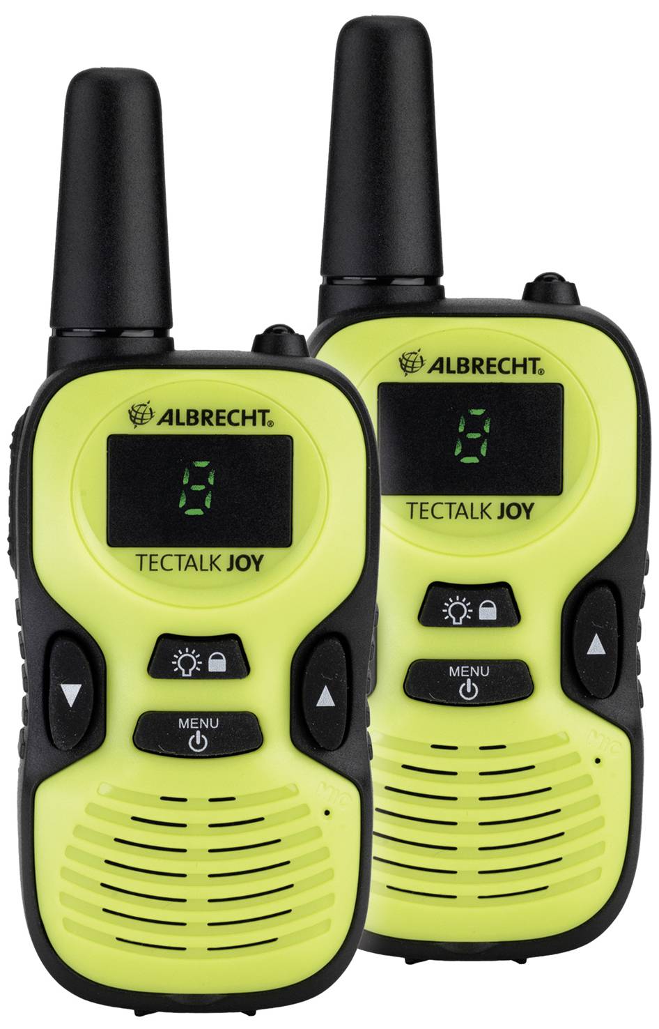 To Danish:<br><br>To gul-sorte walkie-talkies med etiketten 'ALBRECHT' og 'TECTALK JOY'; begge viser tallet 1 på displayet.