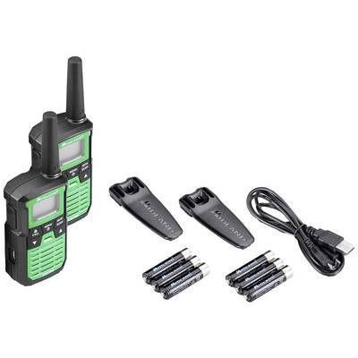 To grønne walkie-talkies med batterier, bælteclips og et USB-kabel.