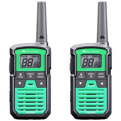 To grønne walkie-talkies med display og knapper til opkald, menu, overvågning og scanning. Ideelle til kommunikation over korte afstande.
