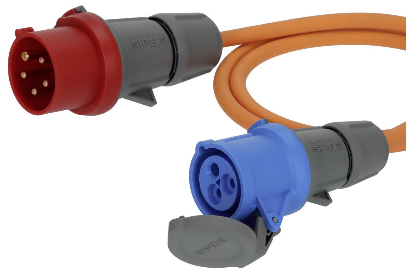 To industrielle strømstik med orange kabler, et rødt stik og et blåt socket, vist på hvid baggrund.