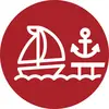 Hvidt sejlbåds- og ankerikon på rød cirkulær baggrund, der antyder båd- eller maritime tjenester.