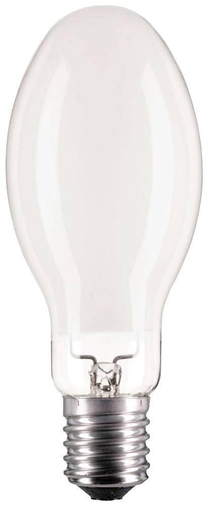 Glødepære med metalfod, aflang form, transparent glaslag, foran neutral baggrund.