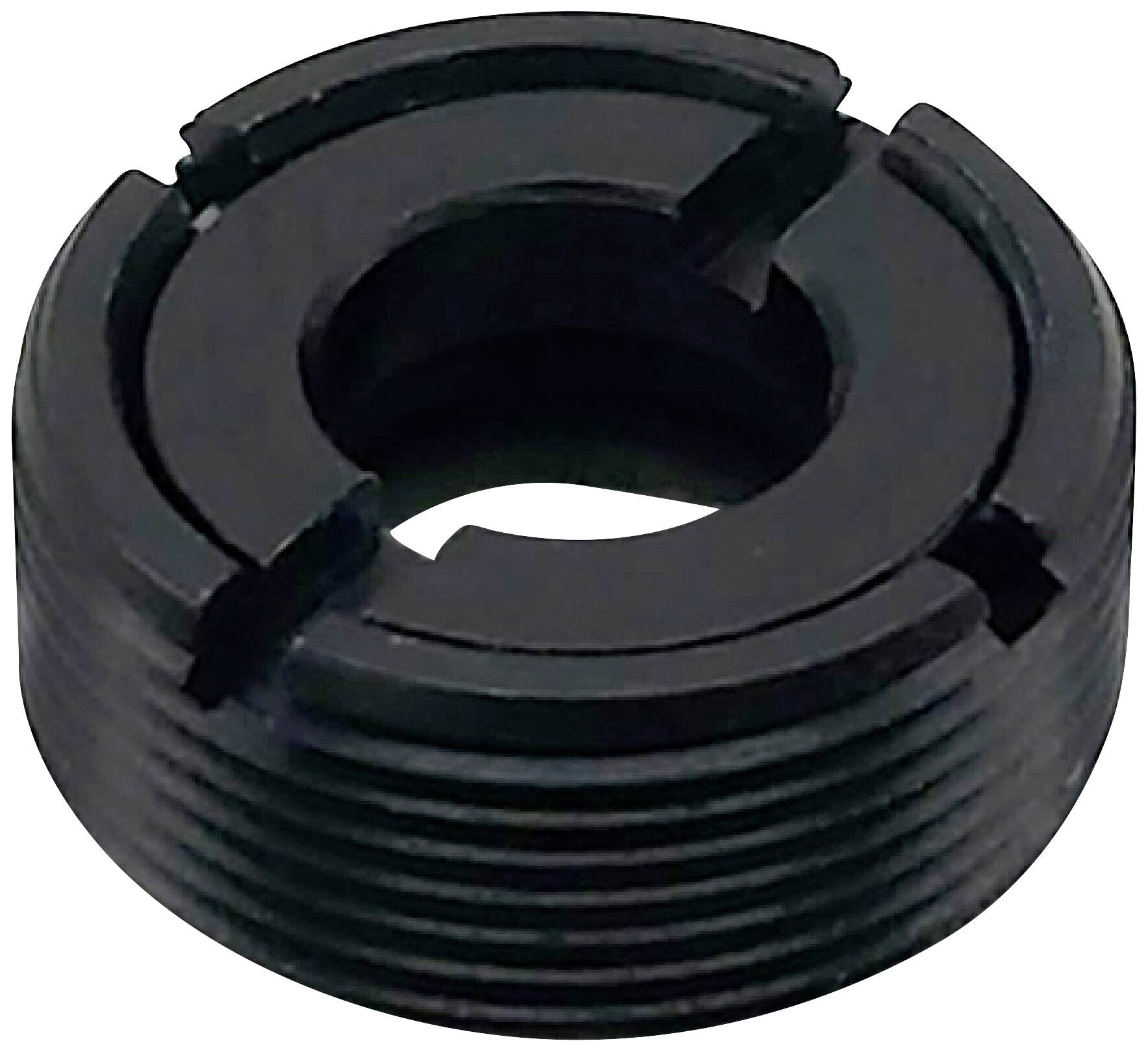 Et rundt, sort metalstykke med flere noter og gevind, muligvis en teknisk adapter eller fastgørelseskomponent.