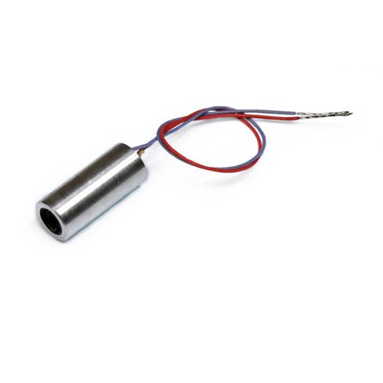 Cylindrisk metalgenstand med fremstående røde og blå kabler. Mulig anvendelse i elektroniske applikationer.