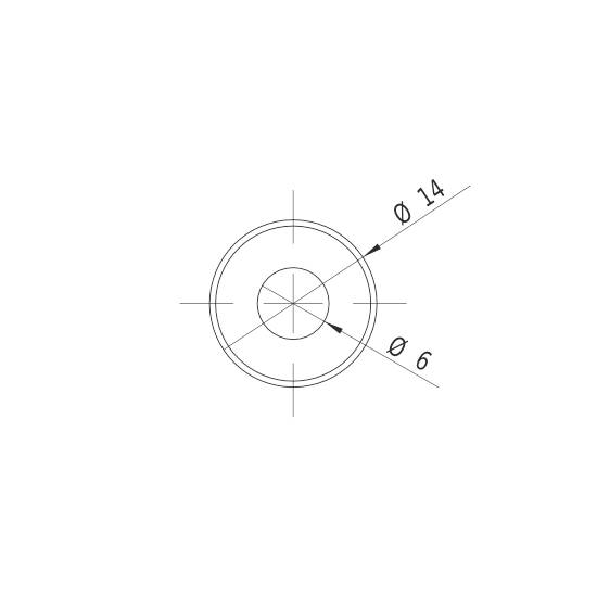 Teknisk tegning af en cirkel med to diameterangivelser: Indre cirkel Ø 6, ydre cirkel Ø 14, med krydsmarkering.