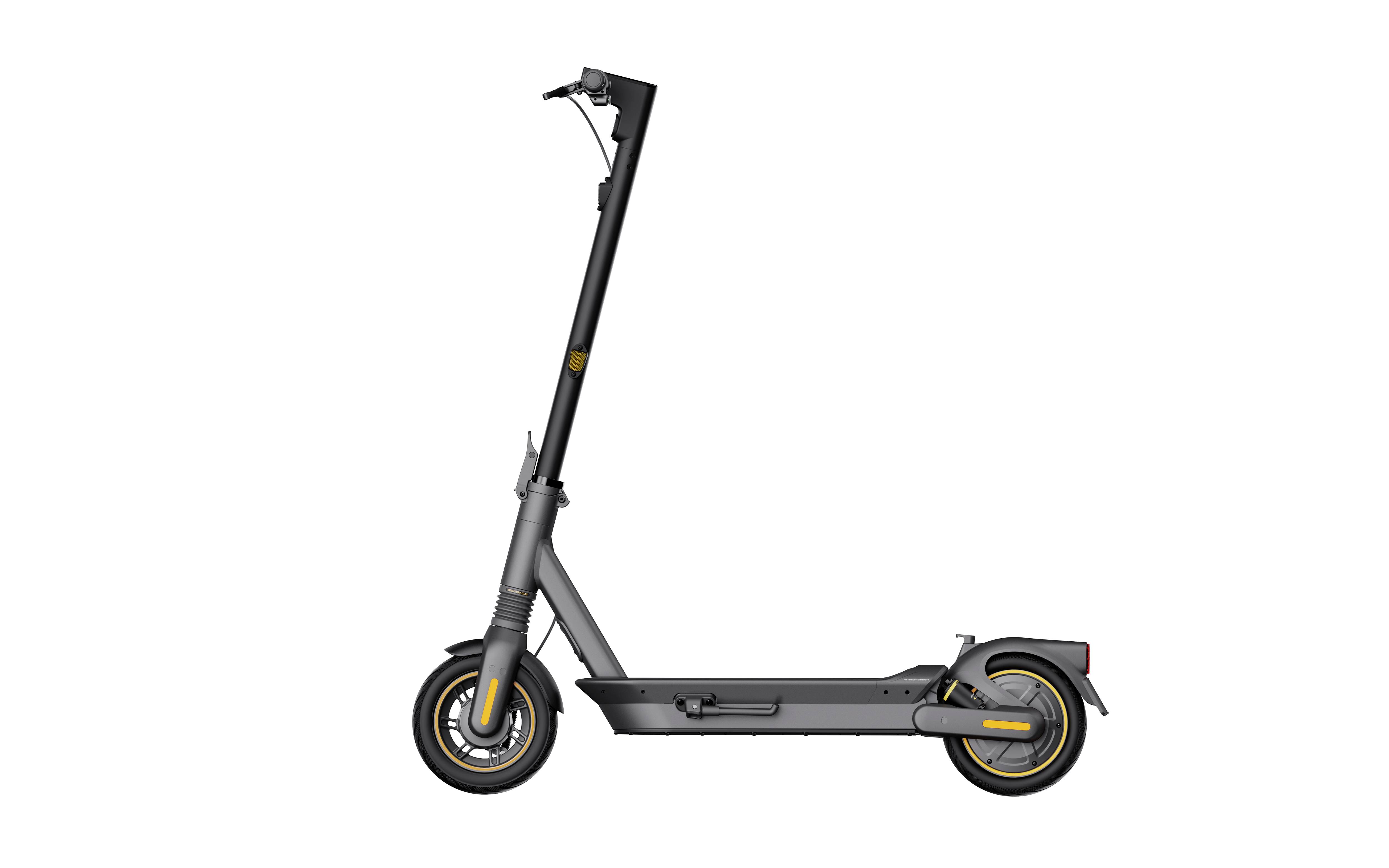Elektrisk scooter set fra siden. Sort og grå design med gule detaljer, viser styr, hjul og stel.