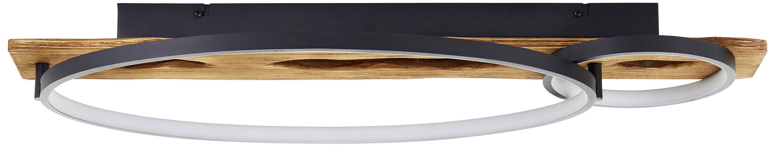 Moderne loftslampe i træ med to sorte, ovale metalringe, som fordeler lyset jævnt.