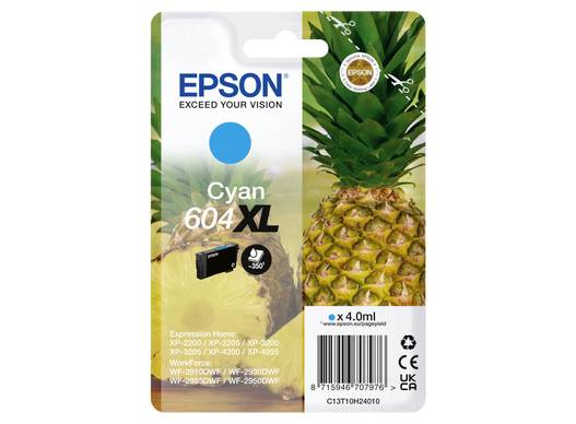 Epson blækpatron Cyan 604 XL, egnet til modeller som XP-2100 og XP-3100. Kapacitet: 4,0 ml. Emballagen viser en ananas.