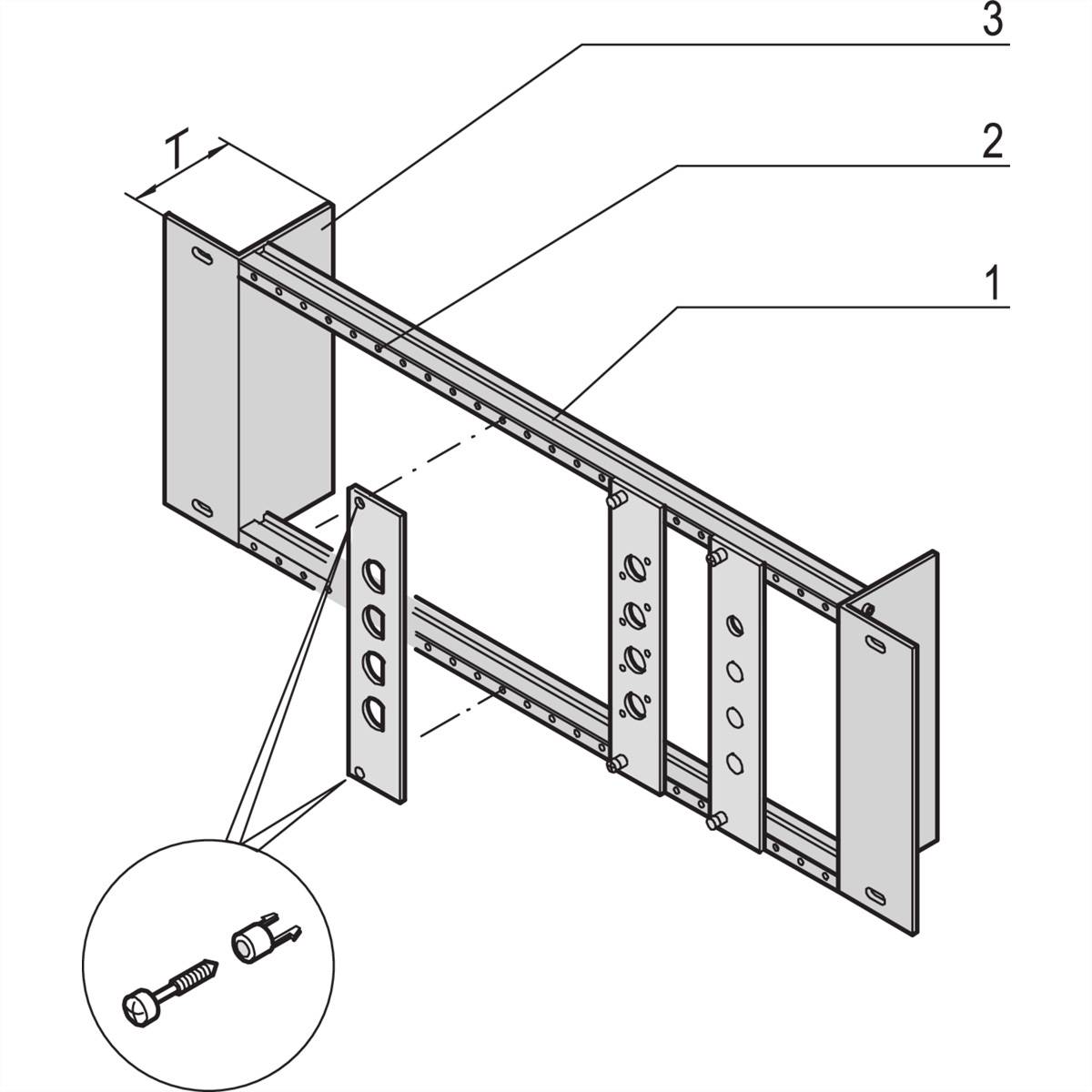 Isometrisk tegning af et reolsystem med nummererede dele: 1 og 3 er lodrette plader; 2 er en vandret plade; detaljebilledet viser skrue og rawlplug.