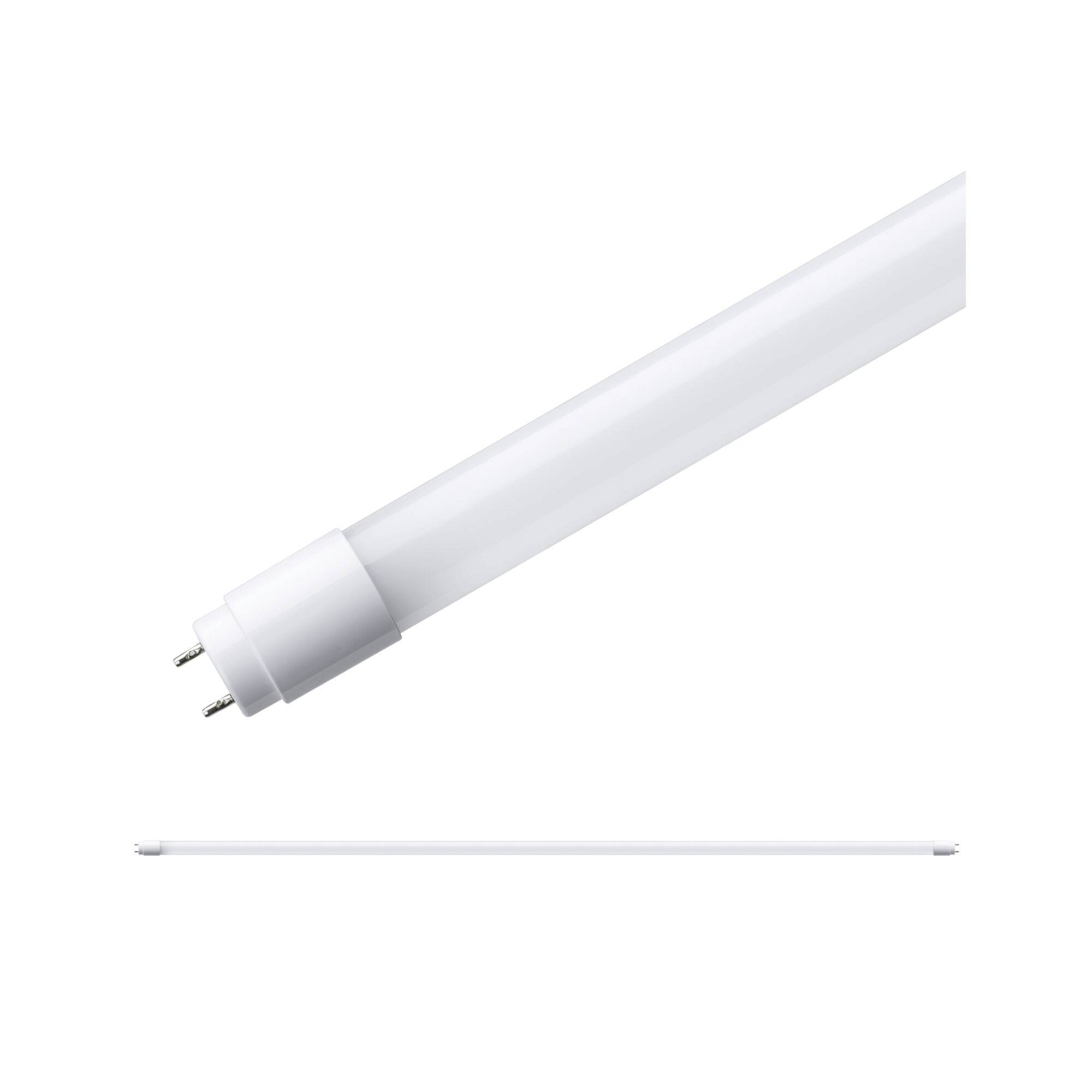 En hvid, cylinderformet LED-rørlampe med to metalben i den ene ende, på hvid baggrund.