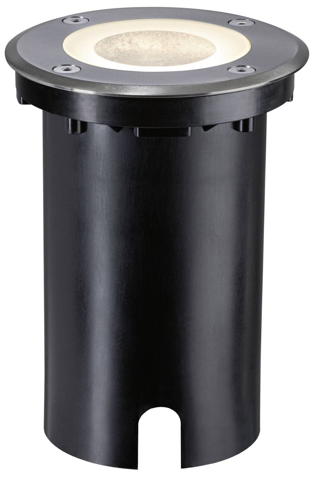 En sort, cylinderformet gulvlampe med et rundt, nedsat lys på oversiden, egnet til udendørsbelysning.