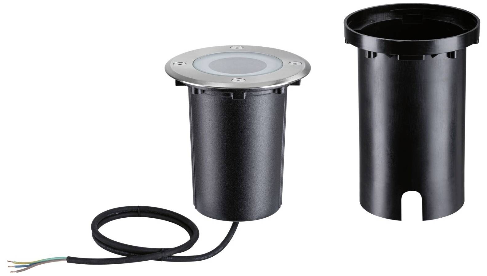 'Indbygningslampe med rundt rustfrit stålhus, sort kabel i venstre side, sort cylinder til indbygning til højre.'