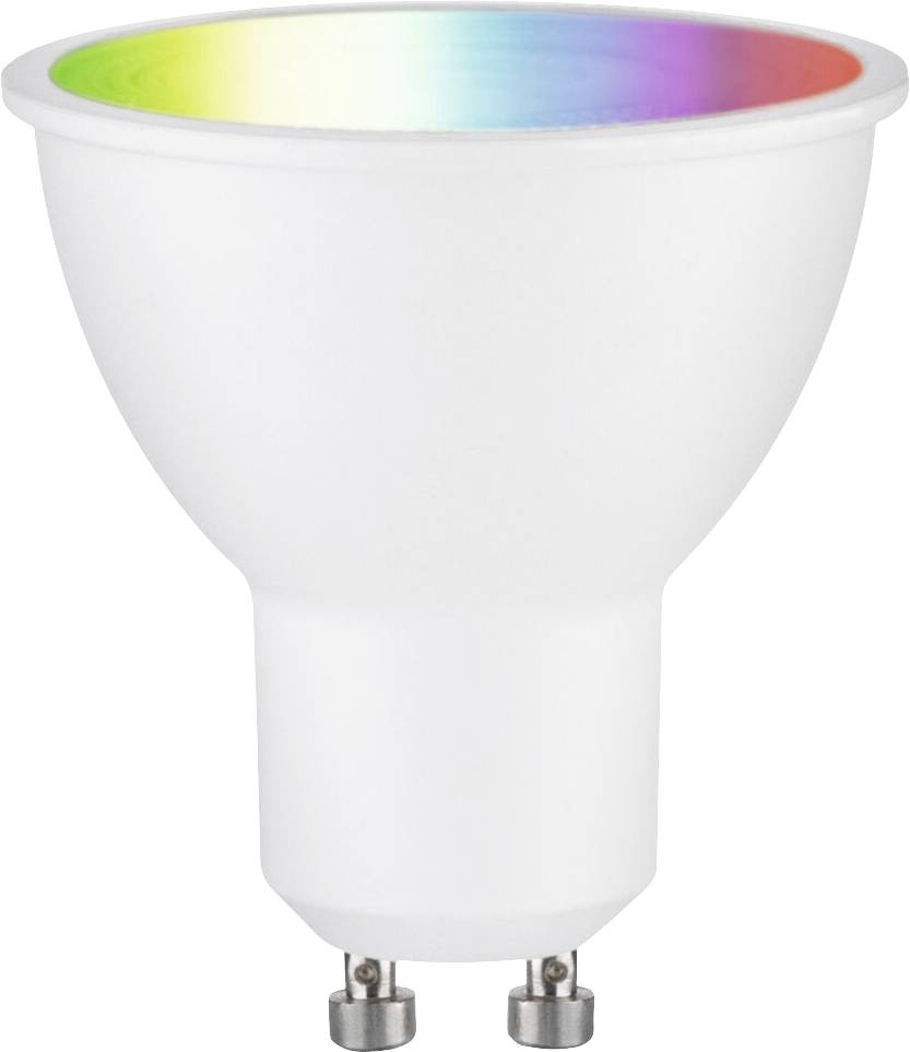 En hvid LED-pære med GU10-sokkel. Indersiden af reflektoren viser et regnbovespektrum.