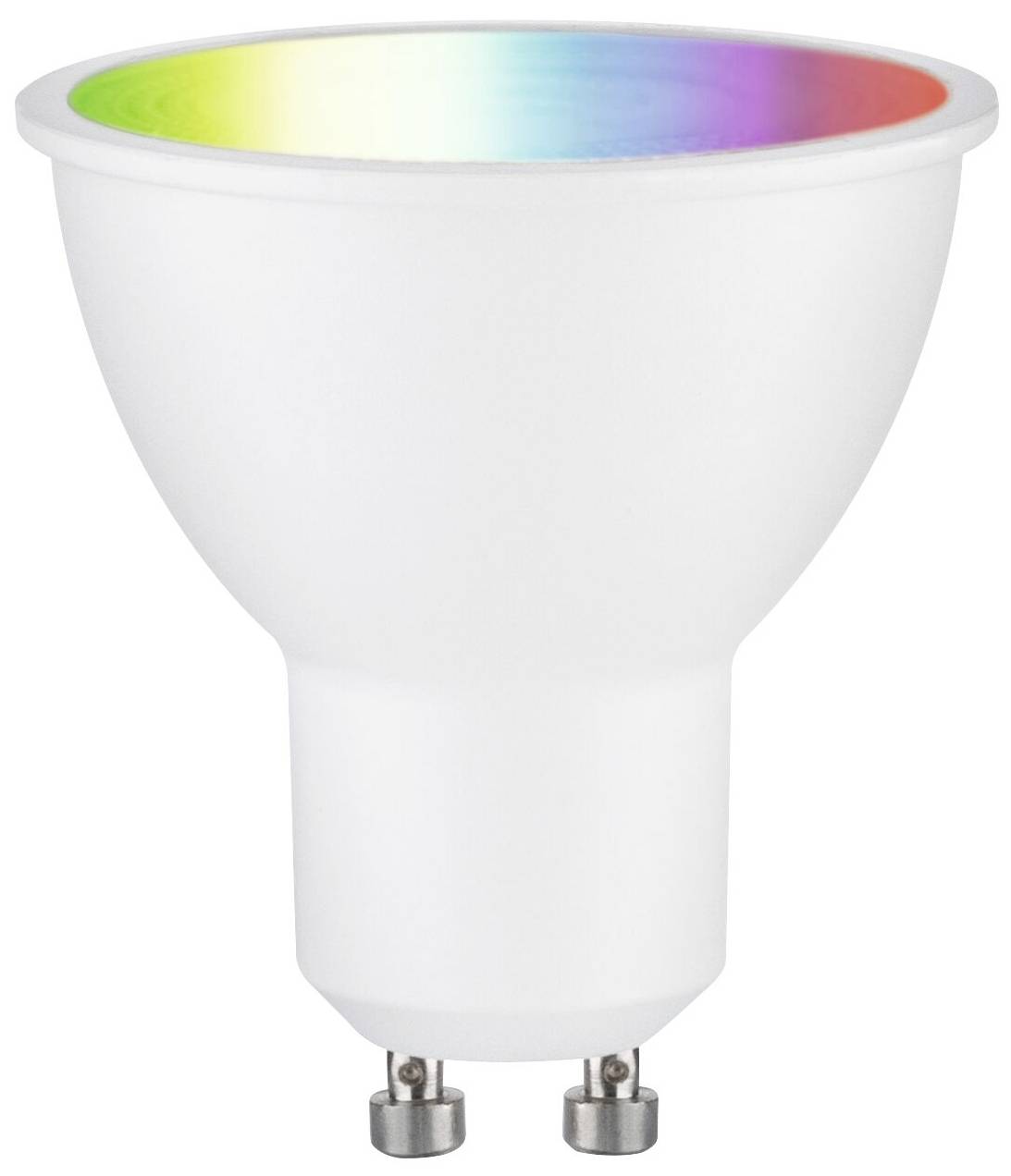 En hvid GU10 LED-pære med en regnbuefarvet kant.