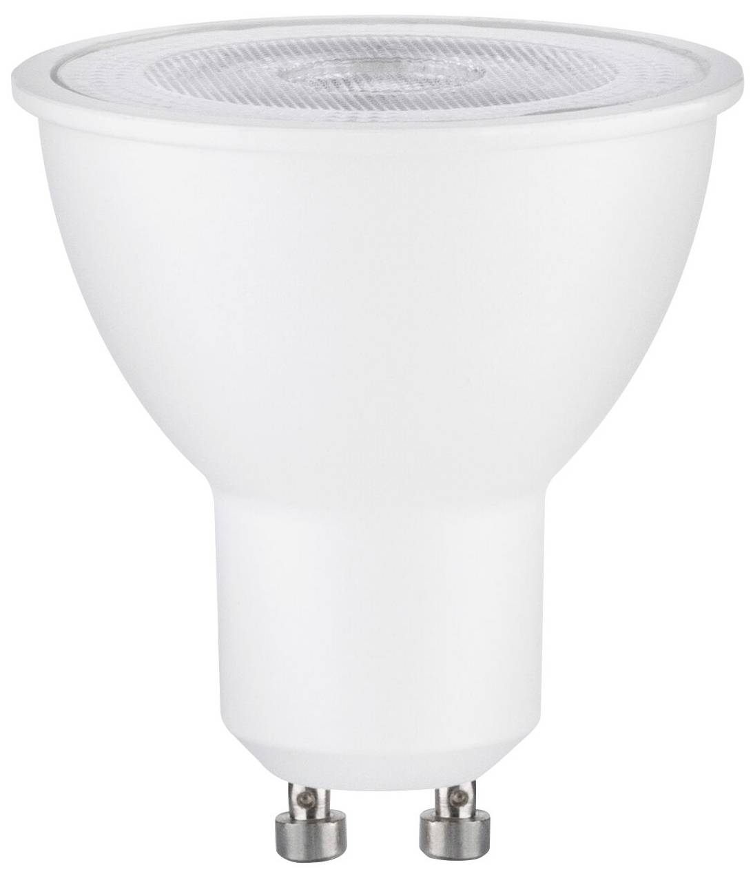 En hvid LED-pære med GU10-sokkel, velegnet til spotbelysning indendørs. Energibesparende og holdbar.