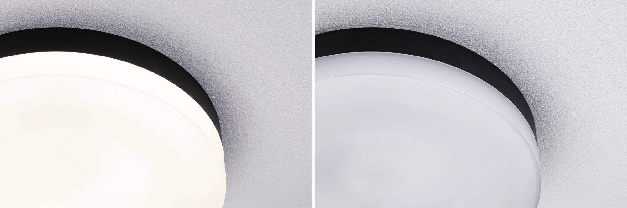 To tætte optagelser af en rund loftslampe, venstre side tændt med varmt lys, højre side slukket.