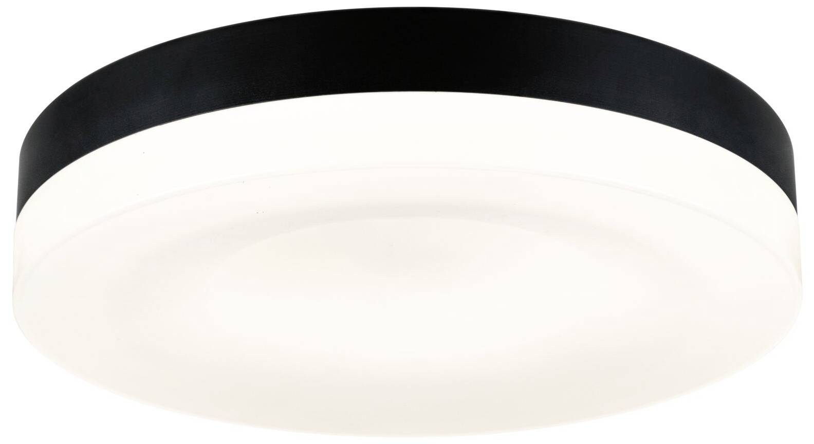 Rund loftslampe med enkelt, moderne design; sort kant og hvid lysende overflade. Ideel til kontorer og boligrum.