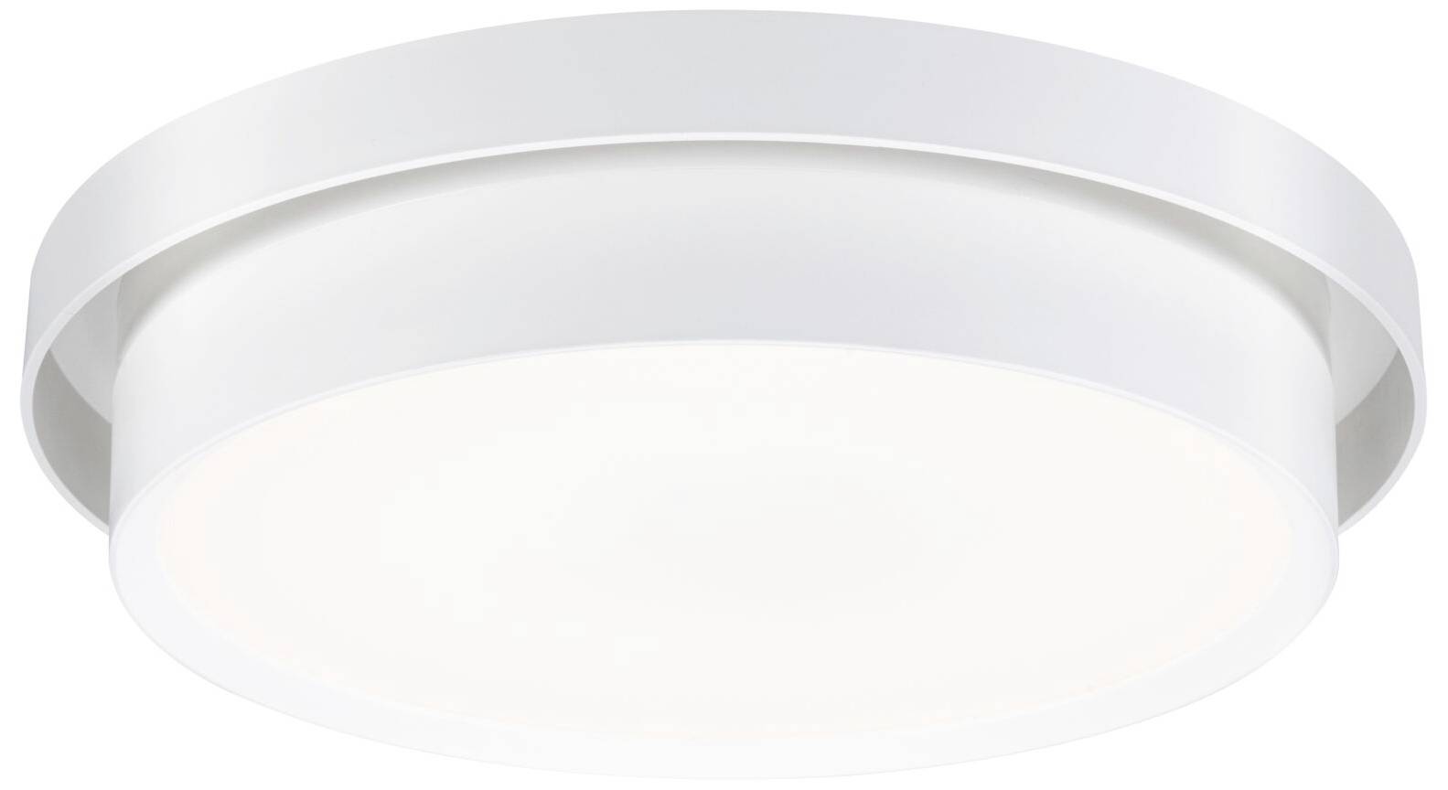 En hvid, rund loftslampe med minimalistisk design, der passer perfekt til moderne interiører.