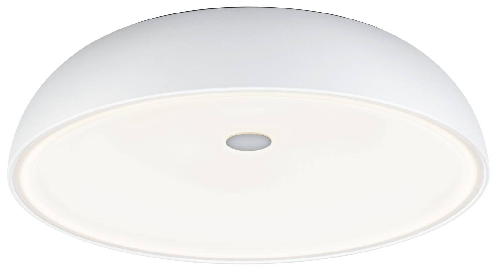 Rund, hvid loftslampe med fladt, moderne design og central sensor.