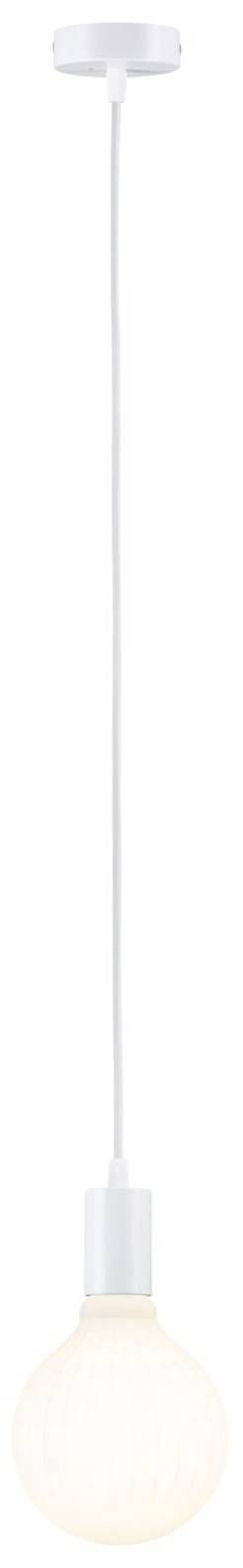 En hængende hvid loftslampe med en glødepære lyser blidt.