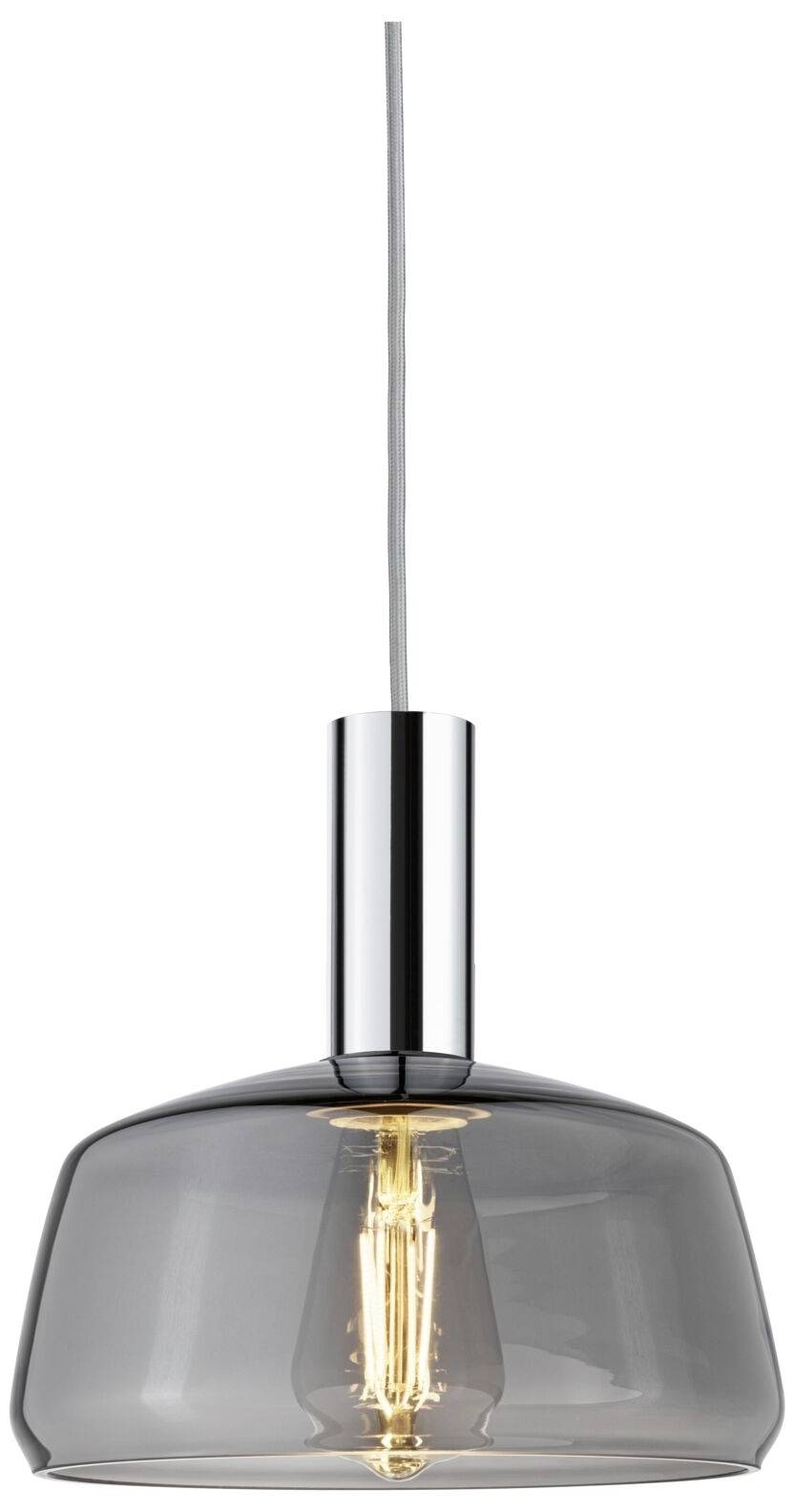 En moderne, hængende loftslampe med en gennemsigtig, grå glasskærm og en lysende pære indeni.