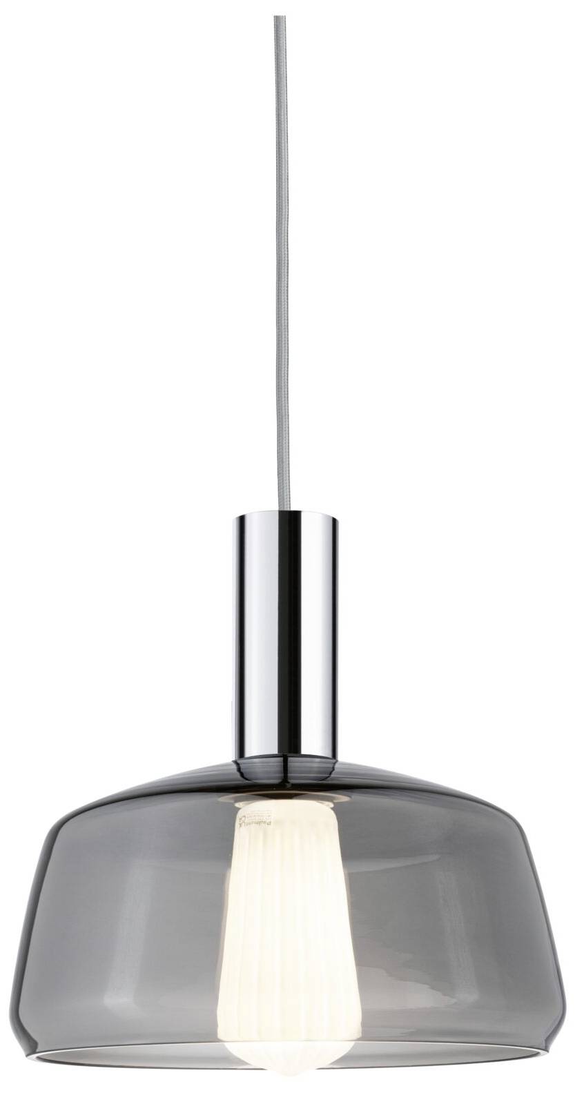 En moderne, hængende pendel-lampe med en transparent glasskærm og en synlig glødepære, der udsender lys.