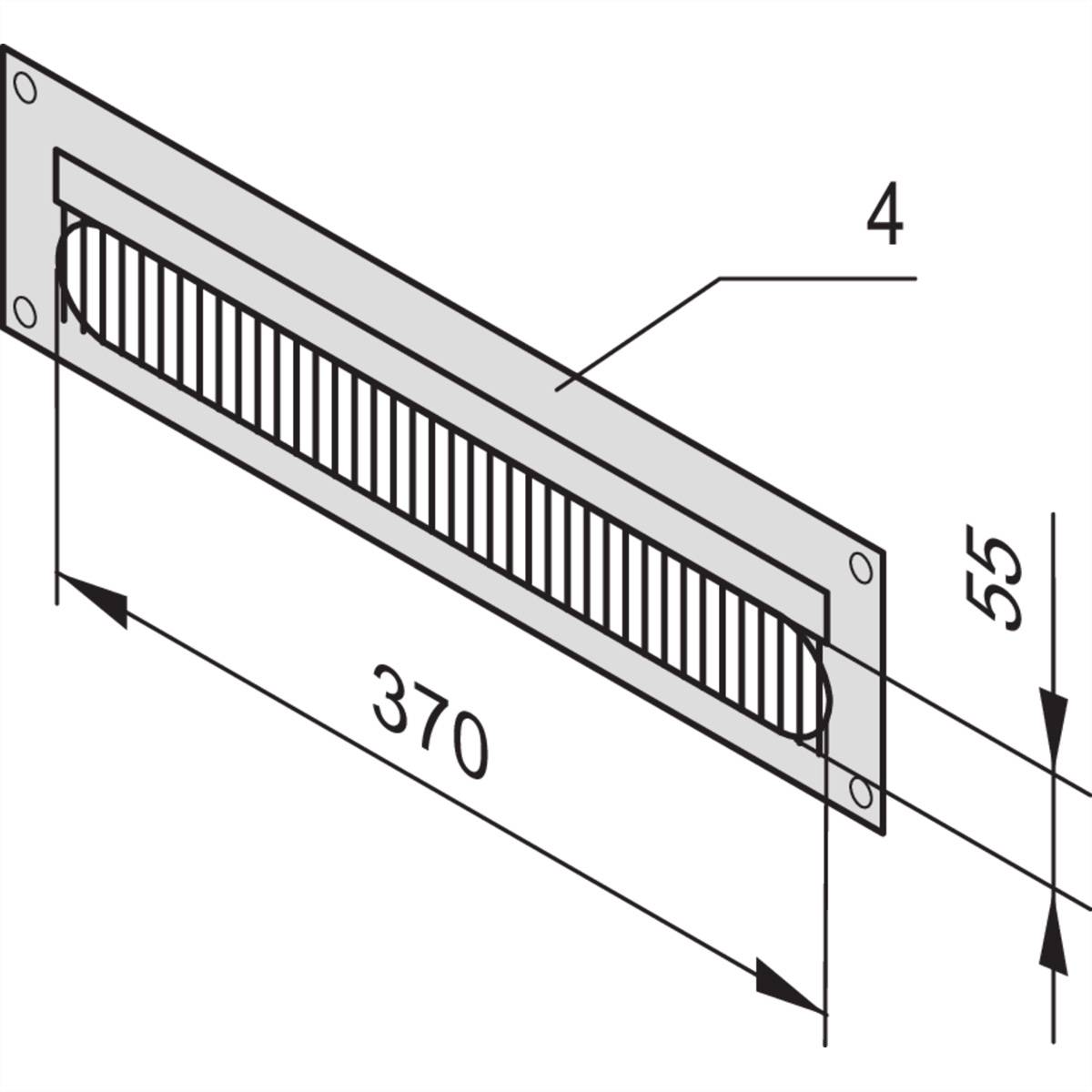 Konstruktionstegning af et rektangulært ventilationsgitter med mål: Længde 370 mm, højde 55 mm. Pile angiver måleretninger.