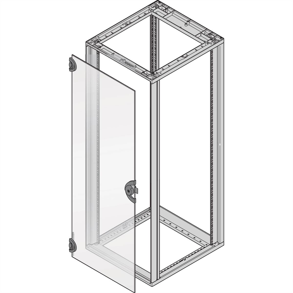 Metalskab med glasdør, døren er åben på klem. Rammestrukturen er synlig og giver et indblik i skabets indvendige rum.